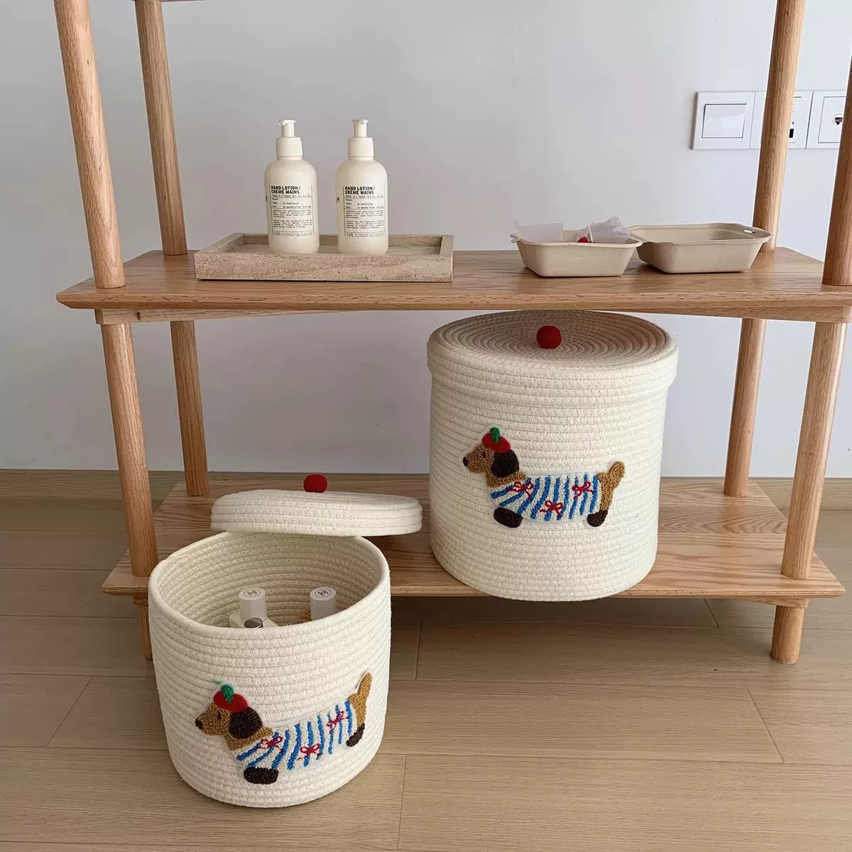 Cute Dachshund Embroidered Woven Storage Basket