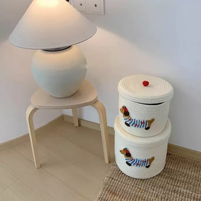 Cute Dachshund Embroidered Woven Storage Basket