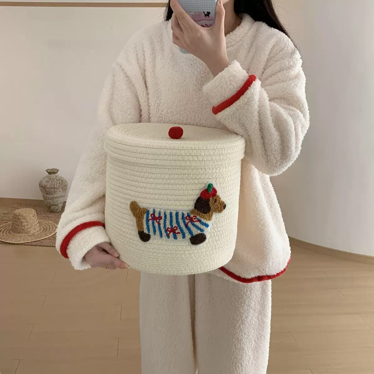 Cute Dachshund Embroidered Woven Storage Basket