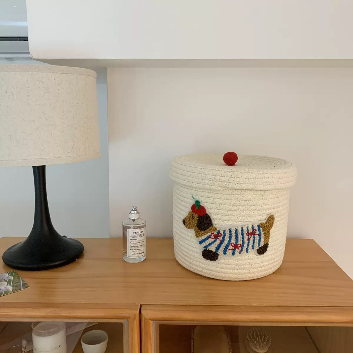 Cute Dachshund Embroidered Woven Storage Basket