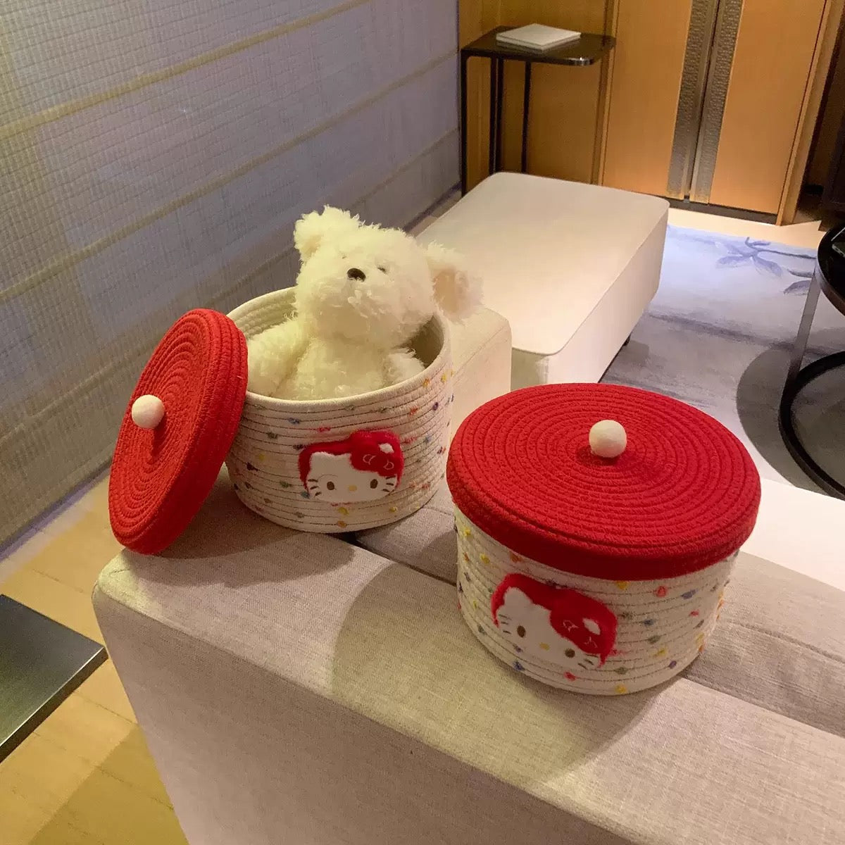 Colorful Polka Dot Hello Kitty Woven Storage Basket