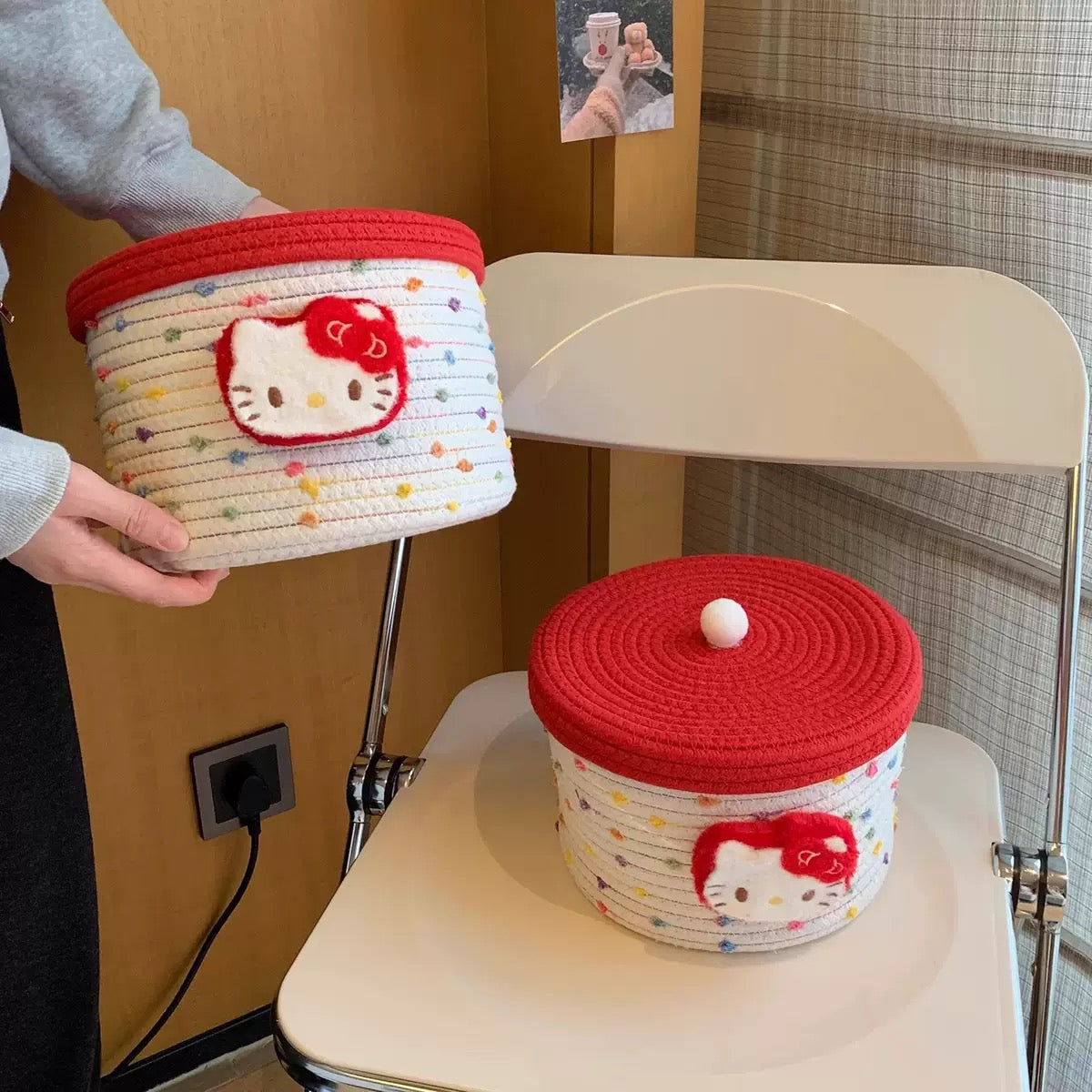 Colorful Polka Dot Hello Kitty Woven Storage Basket