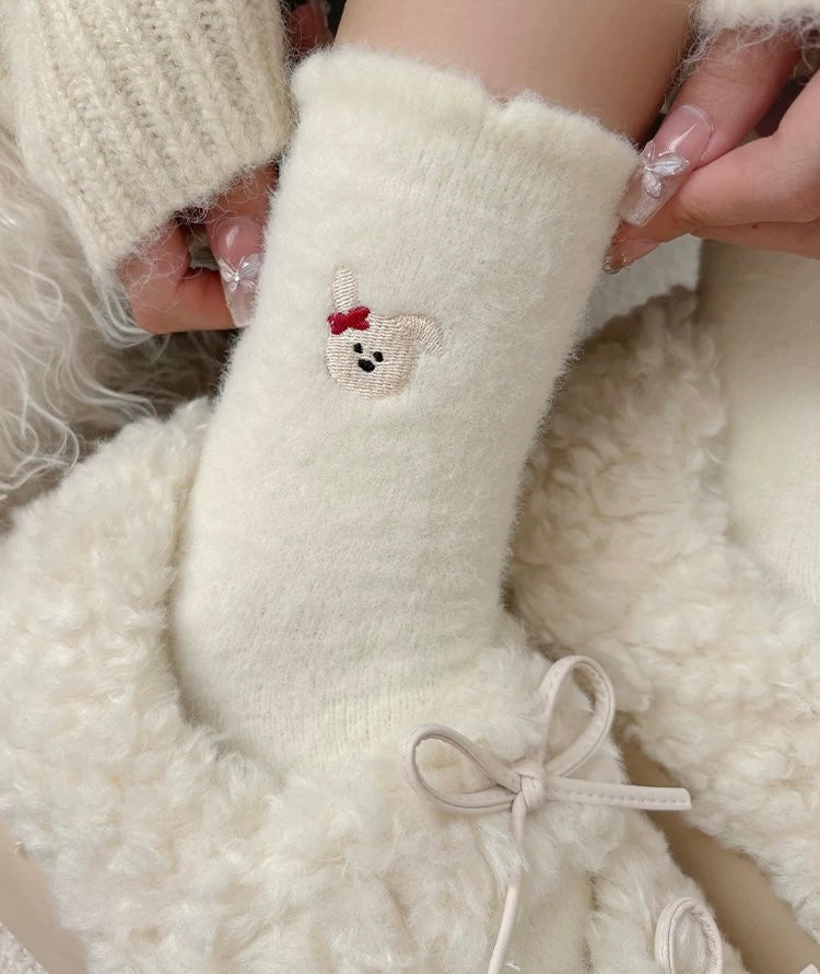 Cute Embroidered Faux Wool Mid-Calf Socks