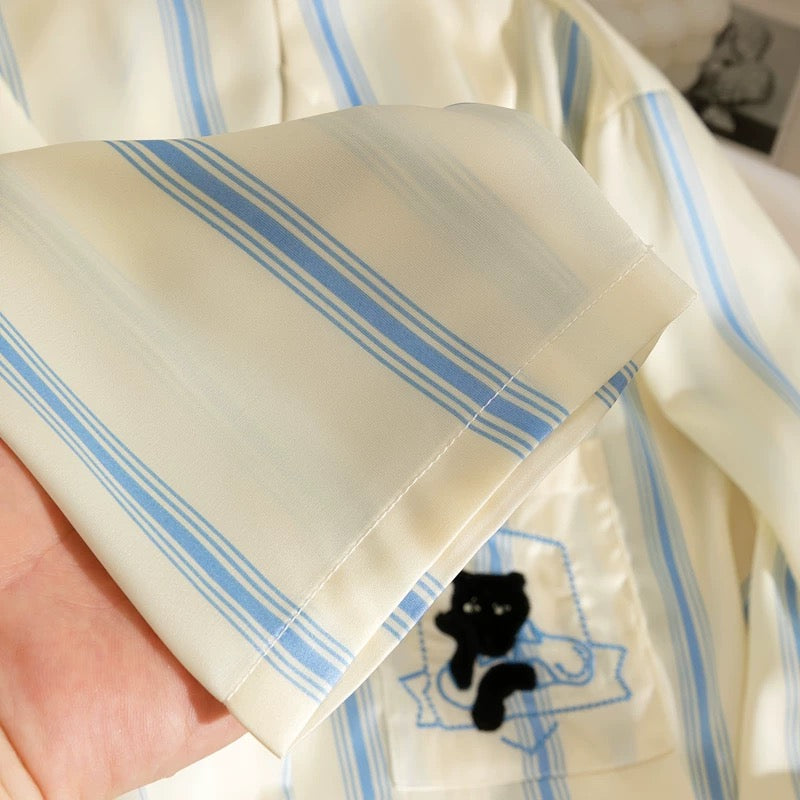 Blue and White Striped Silk Couple's Pajama Set with Cat Embroidery