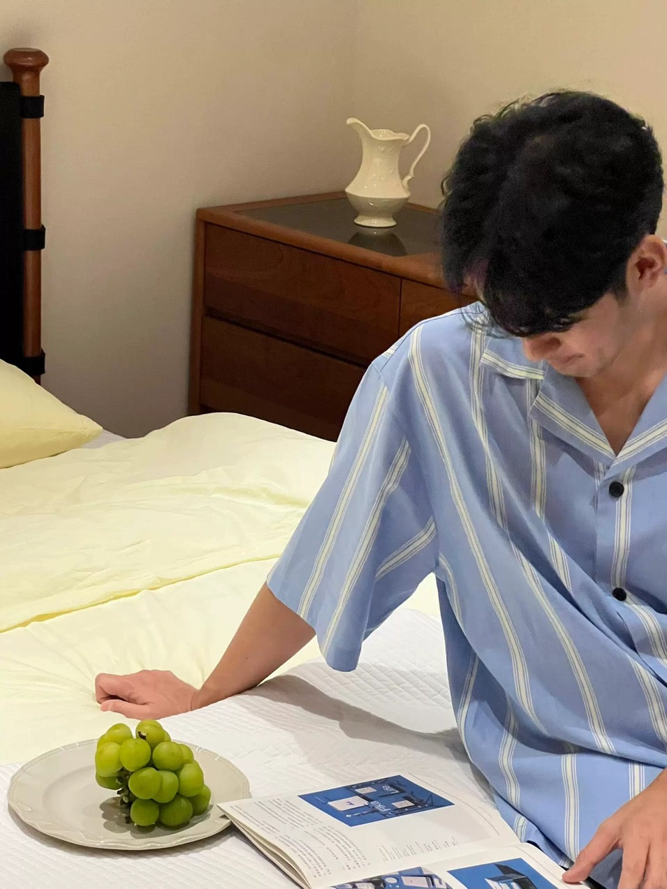 Blue and White Striped Silk Couple's Pajama Set with Cat Embroidery
