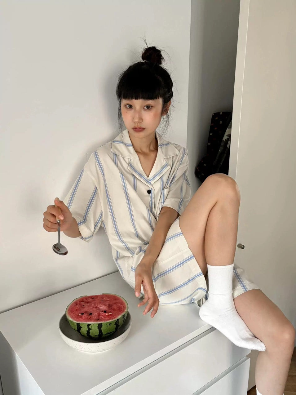 Blue and White Striped Silk Couple's Pajama Set with Cat Embroidery