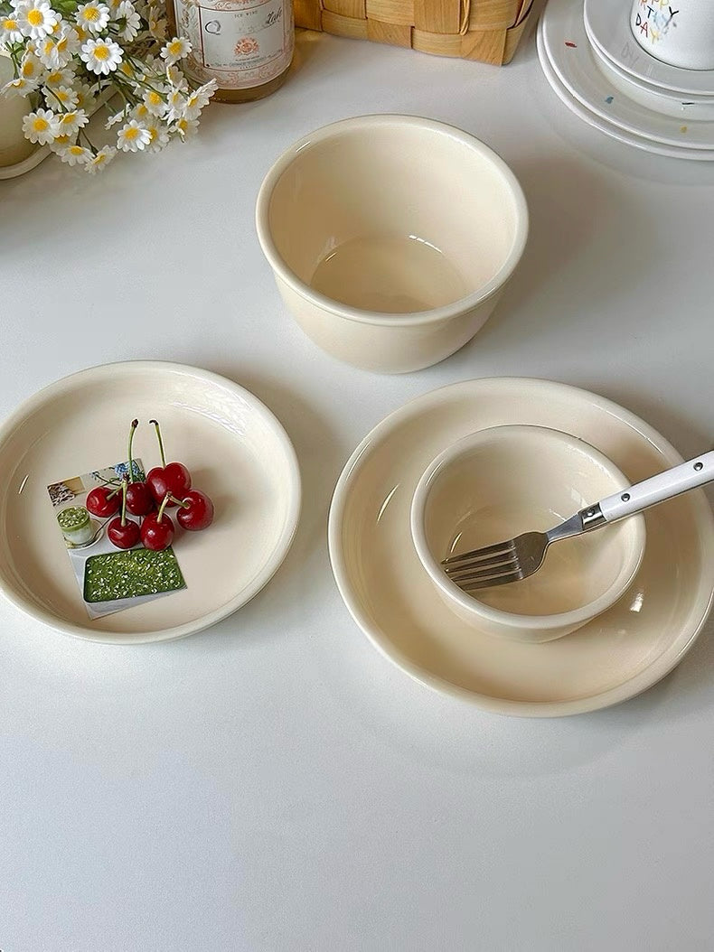 Cream-Colored Minimalist Ceramic Bowl & Plate Series