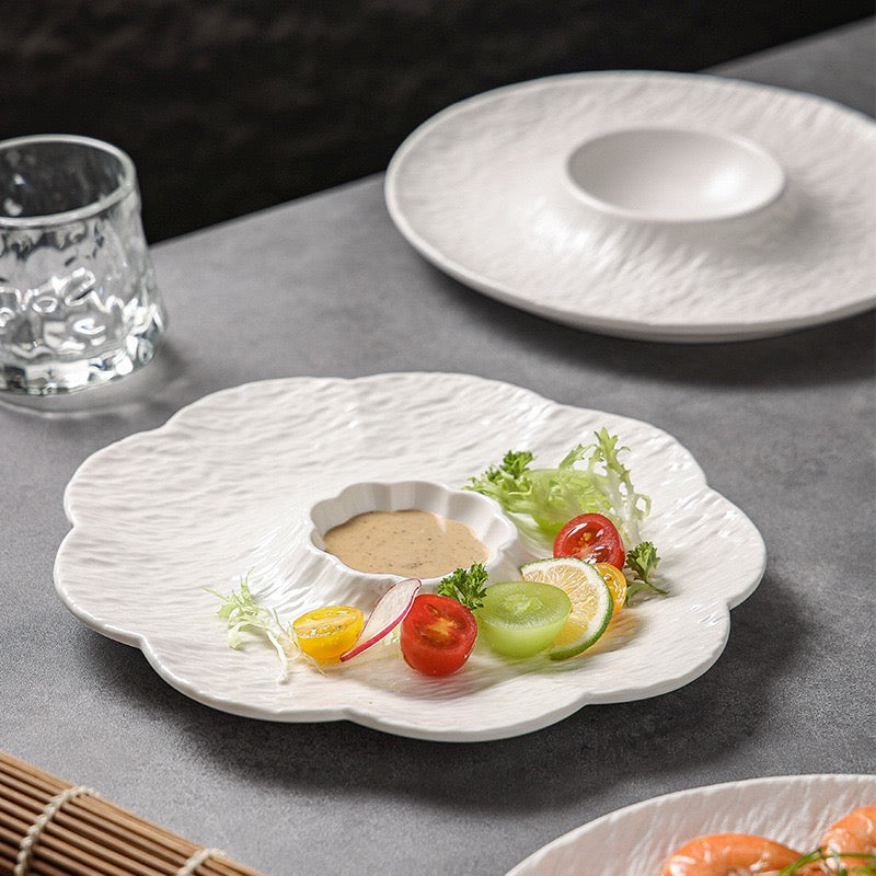 Stone Texture Dumpling & Sushi Plate with Built-in Dipping Dish
