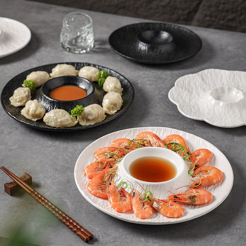 Stone Texture Dumpling & Sushi Plate with Built-in Dipping Dish