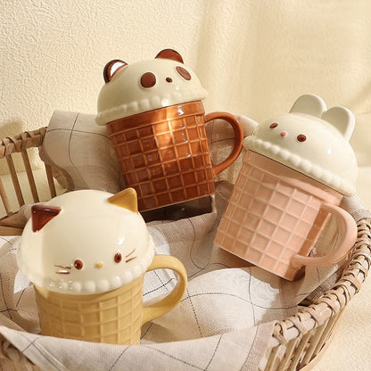 Charming Ice Cream-themed Ceramic Mug with Adorable Animal Lids