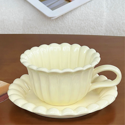 Vintage Ruffled Ceramic Coffee Cup and Saucer Set (with Spoon)