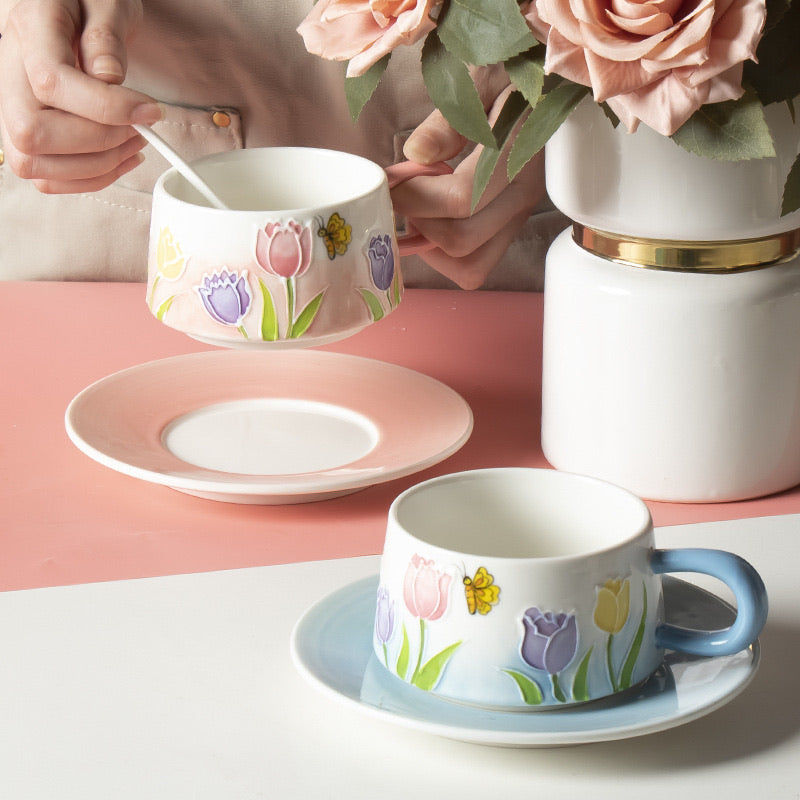 Hand-Painted Tulip Ceramic Coffee Cup Set