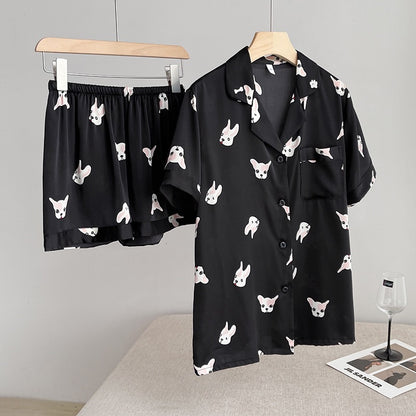 Black Silk Short Sleeve French Bulldog Print Pajama Set for Women/Men