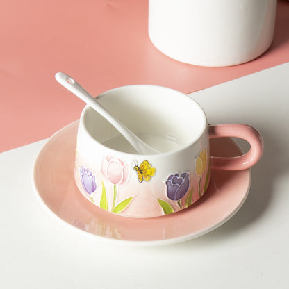 Hand-Painted Tulip Ceramic Coffee Cup Set