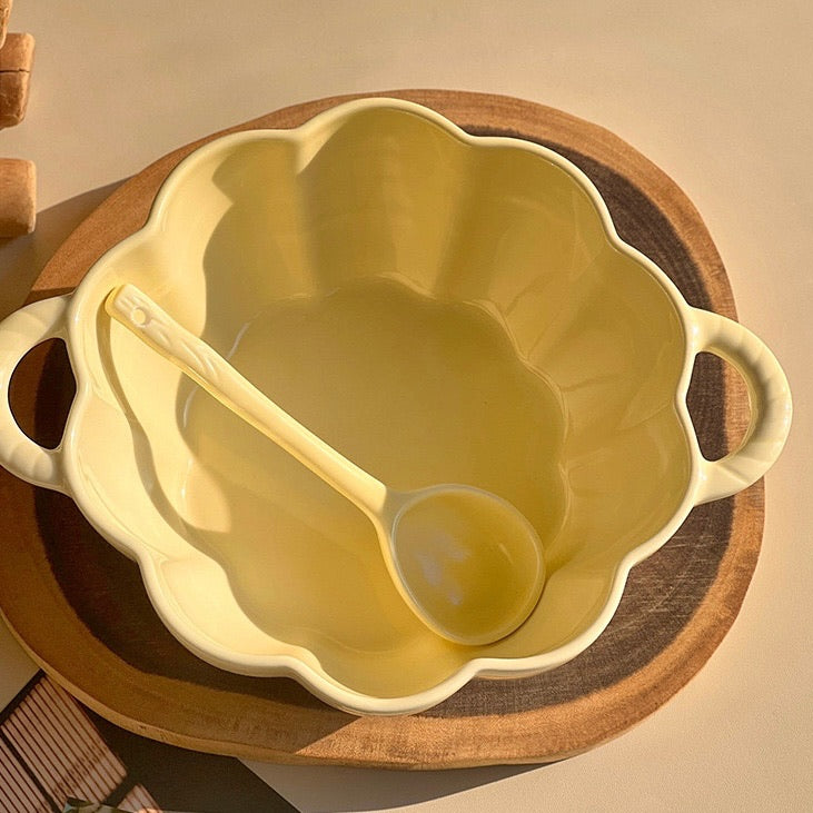 Cream-Style Large Capacity Pumpkin Double-Handled Bowl (with spoon)