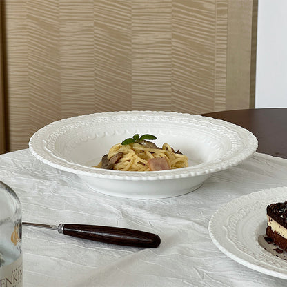 Elegant Lace Embossed White Ceramic Dinnerware Set