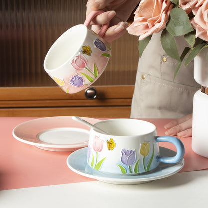 Hand-Painted Tulip Ceramic Coffee Cup Set