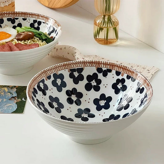 Japanese-Style Hand-Painted Floral Noodle/Soup Bowl