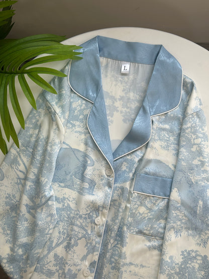 Ink Blue Silk Long-Sleeve Pajama Set