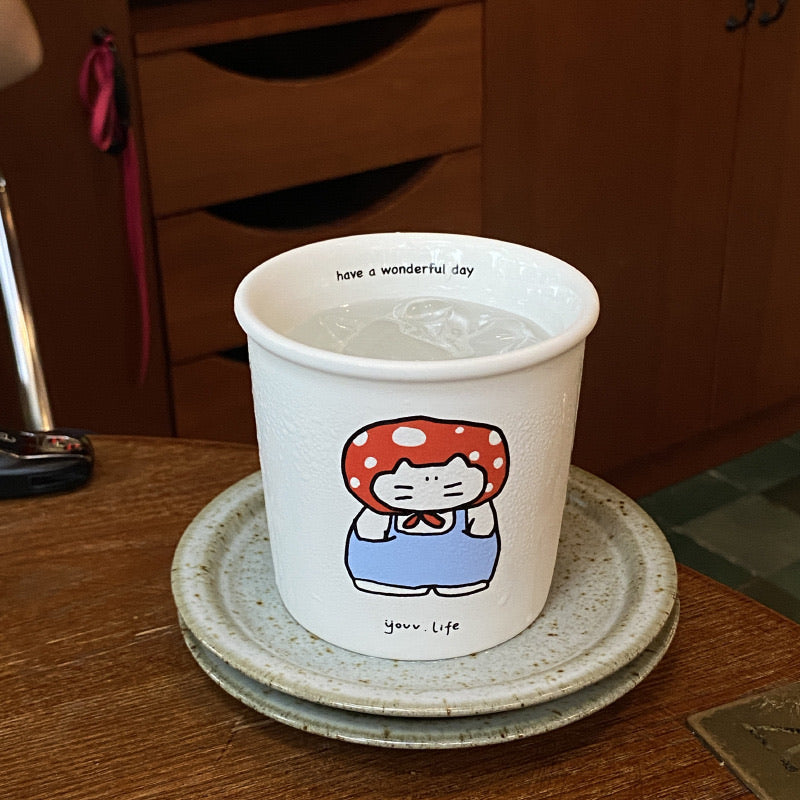 Adorable Retro Red Mushroom Cat Ceramic Mug