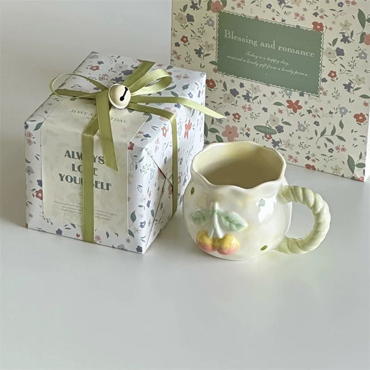 Retro Cherry Ceramic Mug Gift Set (Gift Packaging + Gift Bag)