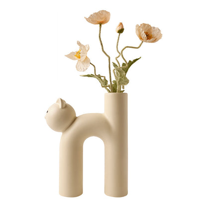 Matte Beige Tube-Shaped Cat Vase