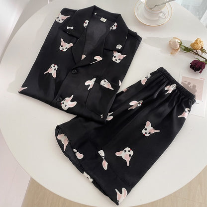 Black Silk Short Sleeve French Bulldog Print Pajama Set for Women/Men