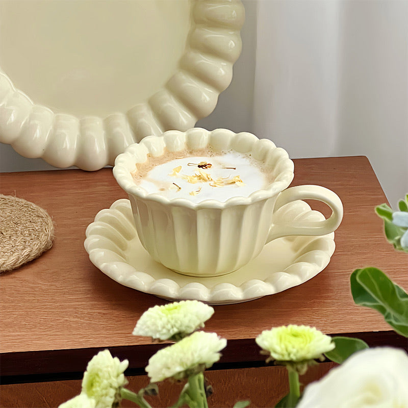 Vintage Ruffled Ceramic Coffee Cup and Saucer Set (with Spoon)