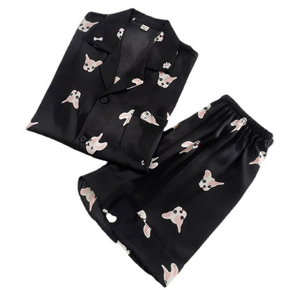 Black Silk Short Sleeve French Bulldog Print Pajama Set for Women/Men