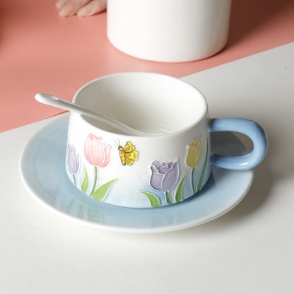 Hand-Painted Tulip Ceramic Coffee Cup Set