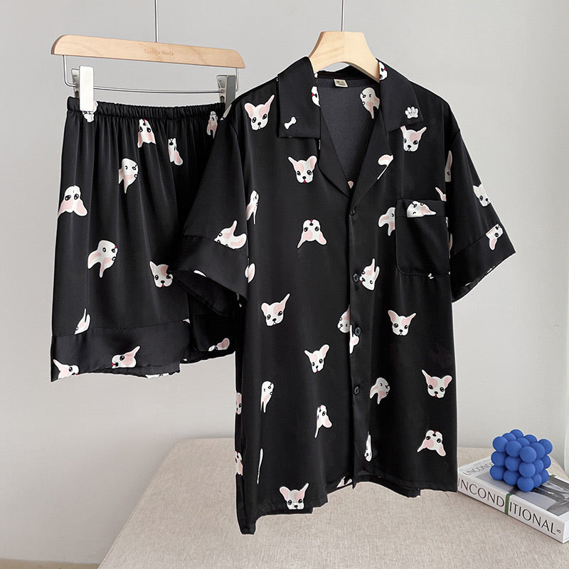 Black Silk Short Sleeve French Bulldog Print Pajama Set for Women/Men