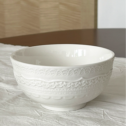 Elegant Lace Embossed White Ceramic Dinnerware Set