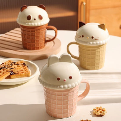 Charming Ice Cream-themed Ceramic Mug with Adorable Animal Lids