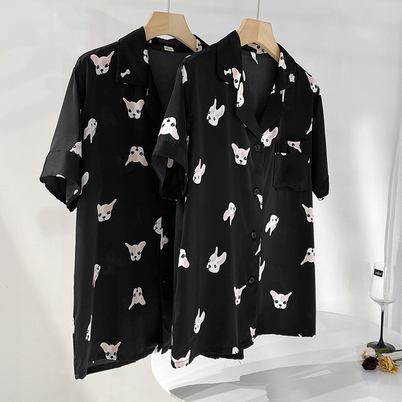 Black Silk Short Sleeve French Bulldog Print Pajama Set for Women/Men