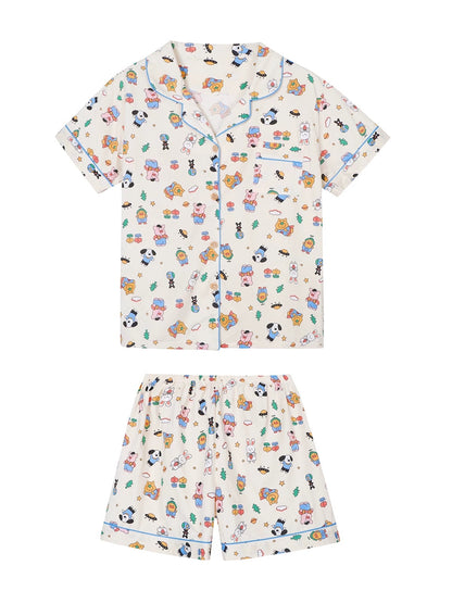 Cartoon Animal Print Short-Sleeve Cotton Pajama Set