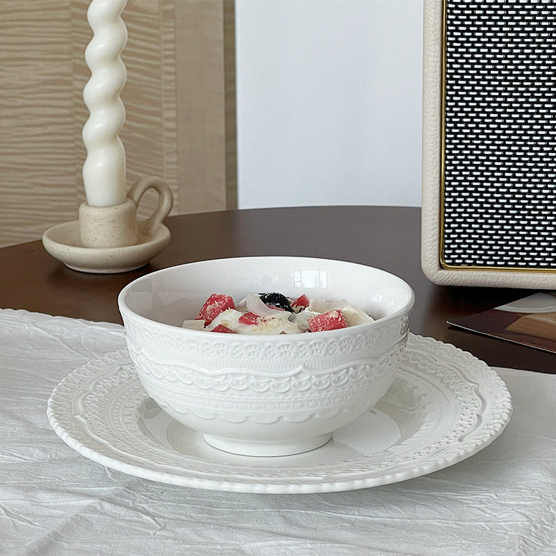 Elegant Lace Embossed White Ceramic Dinnerware Set