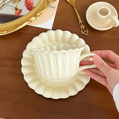 Vintage Ruffled Ceramic Coffee Cup and Saucer Set (with Spoon)