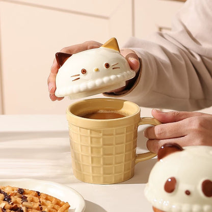 Charming Ice Cream-themed Ceramic Mug with Adorable Animal Lids