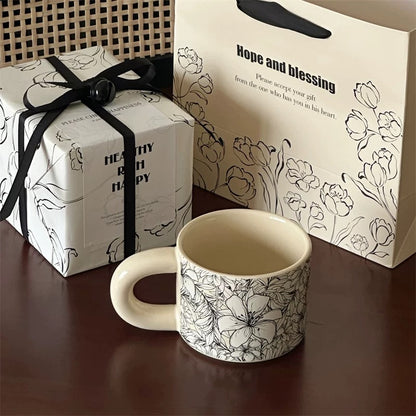 Black and White Floral Ceramic Mug Gift Set (Gift Packaging + Gift Bag)