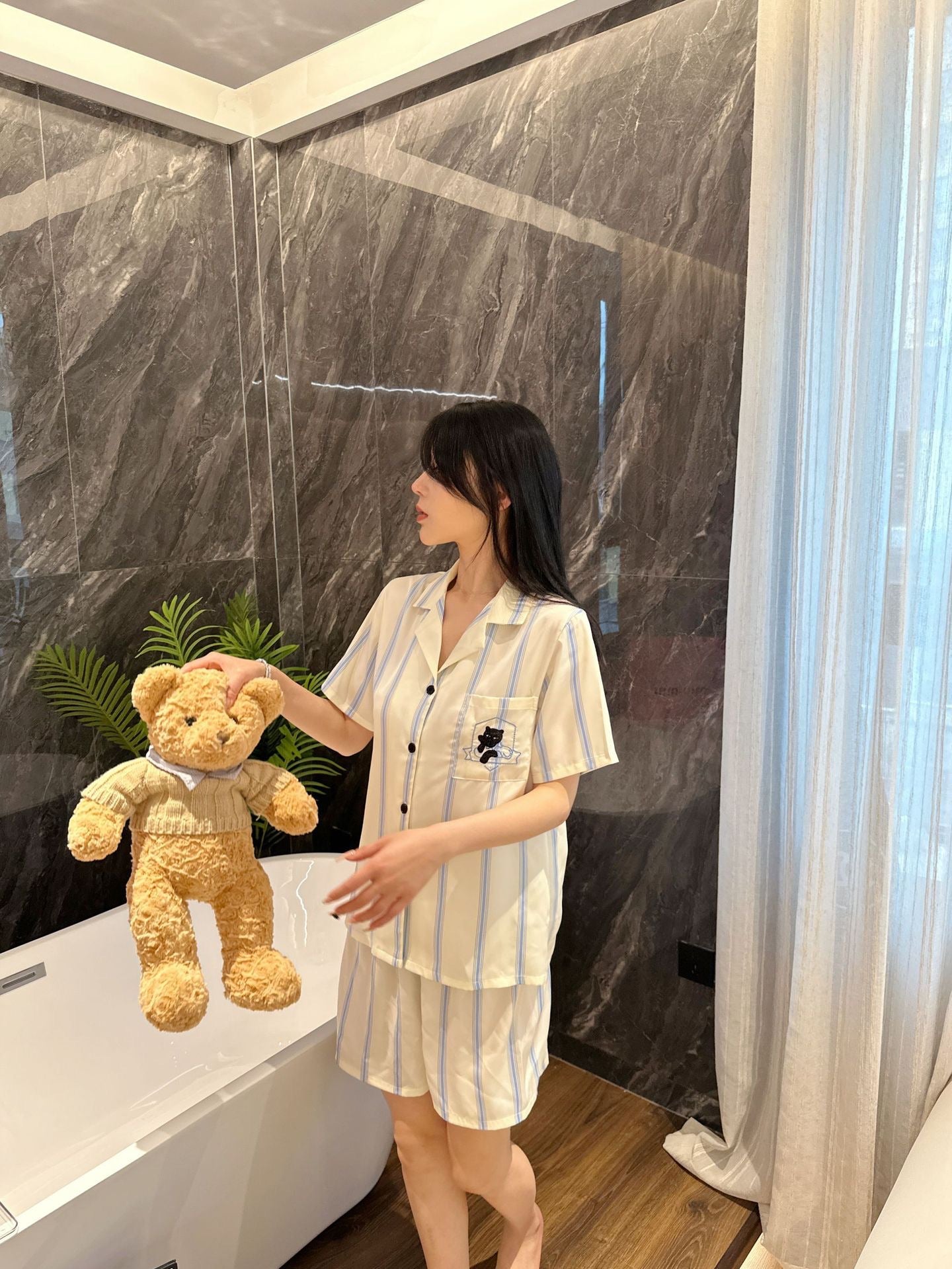 Blue and White Striped Silk Couple's Pajama Set with Cat Embroidery