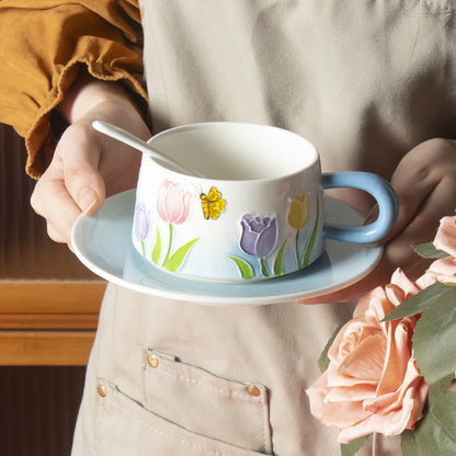 Hand-Painted Tulip Ceramic Coffee Cup Set