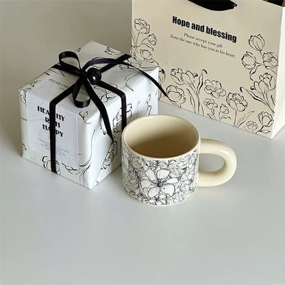 Black and White Floral Ceramic Mug Gift Set (Gift Packaging + Gift Bag)