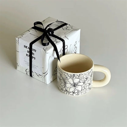 Black and White Floral Ceramic Mug Gift Set (Gift Packaging + Gift Bag)