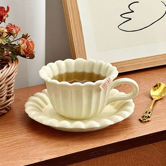 Vintage Ruffled Ceramic Coffee Cup and Saucer Set (with Spoon)