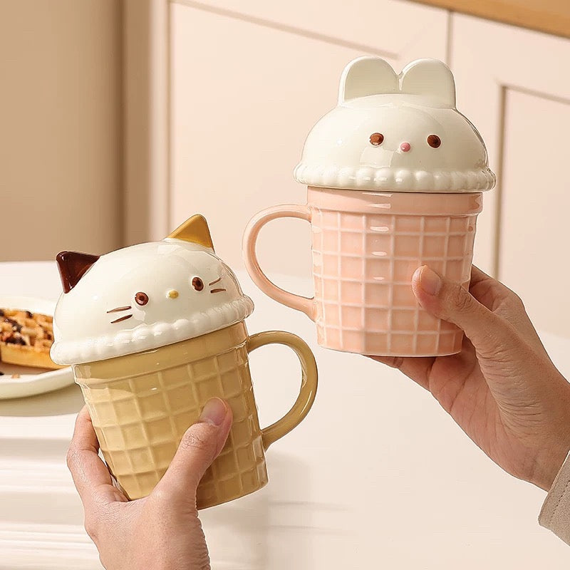 Charming Ice Cream-themed Ceramic Mug with Adorable Animal Lids