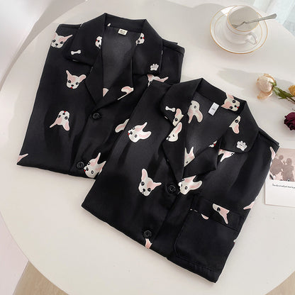 Black Silk Short Sleeve French Bulldog Print Pajama Set for Women/Men