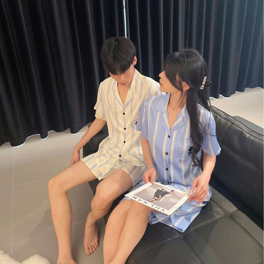 Blue and White Striped Silk Couple's Pajama Set with Cat Embroidery