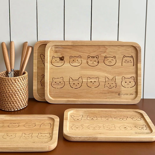 Cartoon-Style Rectangular Cat / Dog Wooden Tray