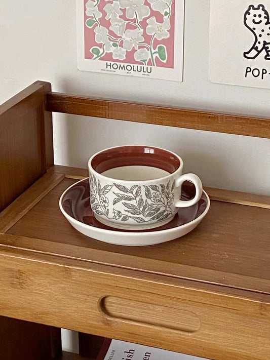 Vintage Brown Hibiscus Ceramic Coffee Cup & Saucer Set