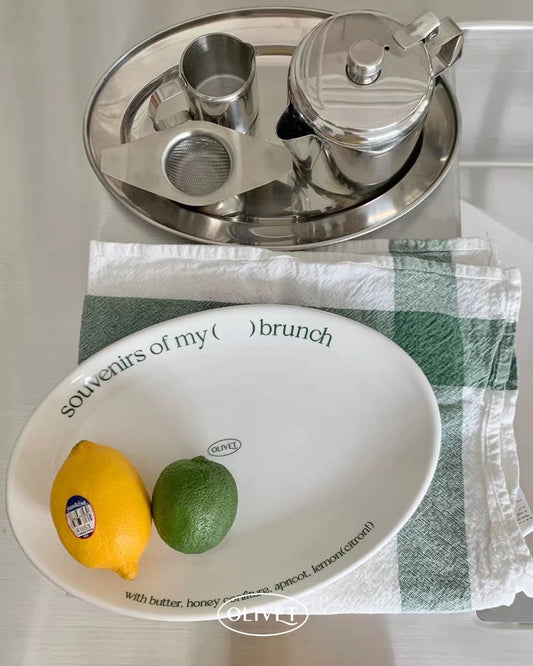 Korean-Style Green Letter Brunch Ceramic Oval Plate